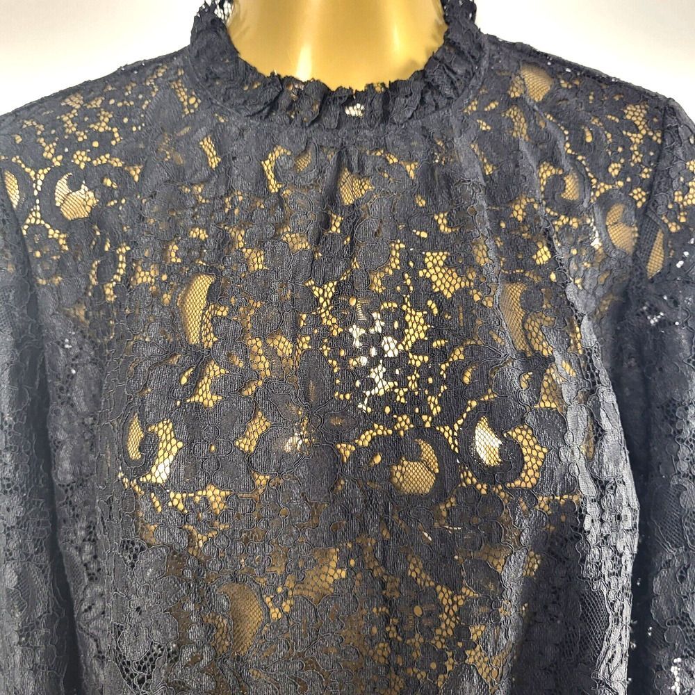 ZARA X-Small Sheer Black Lace Blouse Pullover Bell Sleeves 3 Tiered Lace Cuff - Picture 8 of 14